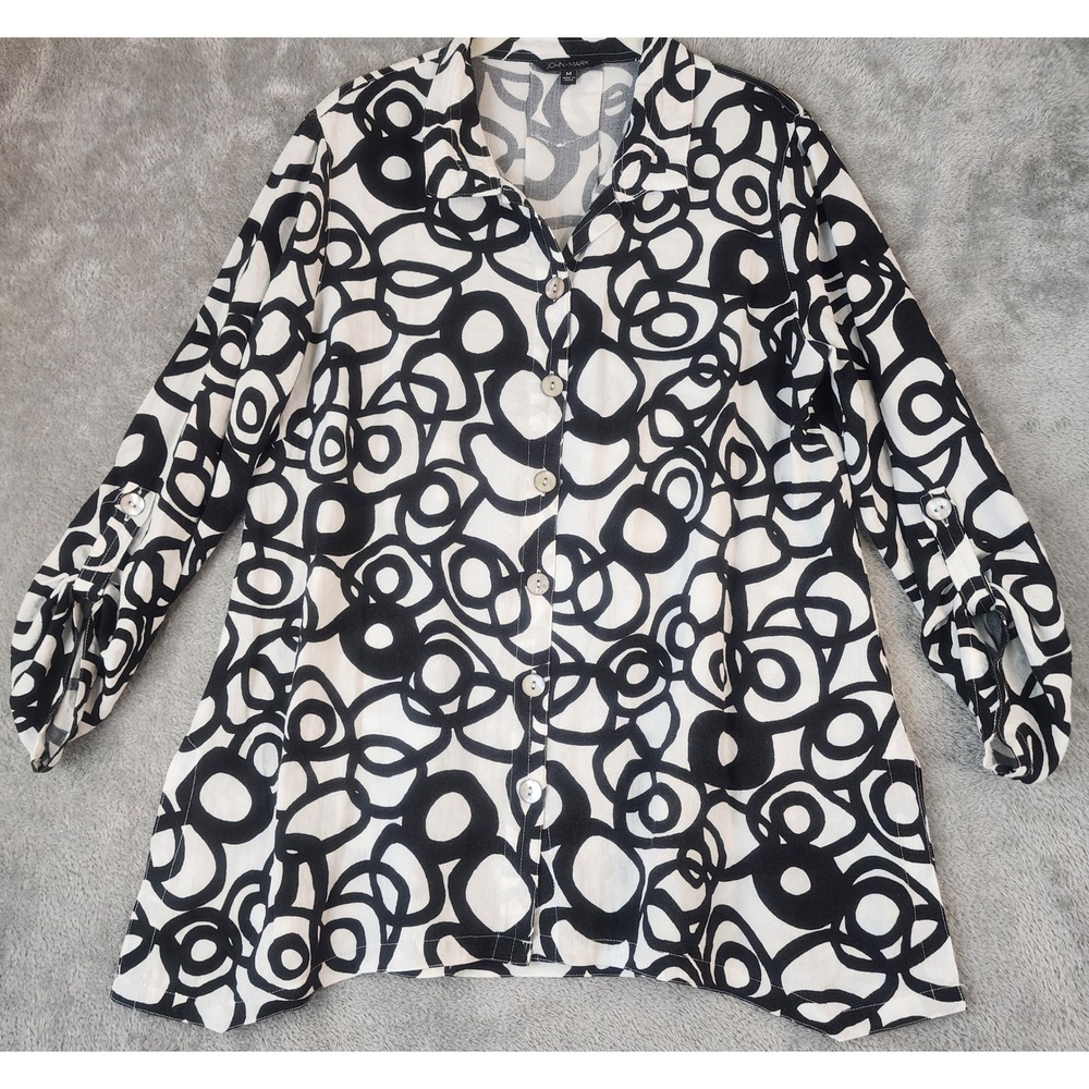 John Mark Shirt Womens Medium Black White Abstract Geometric Circles Button Down